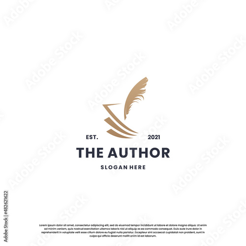 classic writer logo design. author logo feather with book combination.