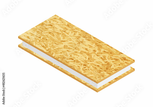 Isometric vector illustration SIP panel for construction of houses isolated on white background. Realistic structural insulated panel from OSB and expanded polystyrene icon. Warm house wall panel.