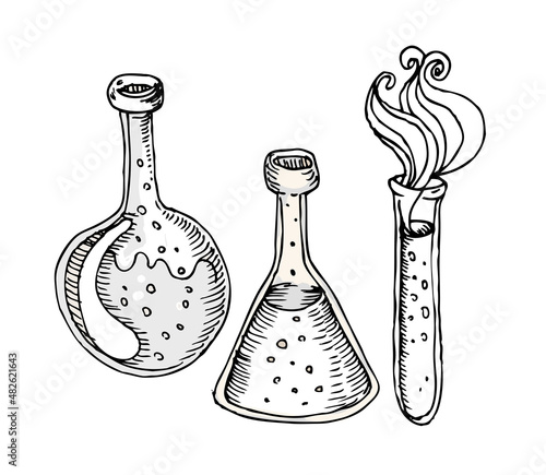Back to school: Doodle style science laboratory beakers and test tubes illust...
