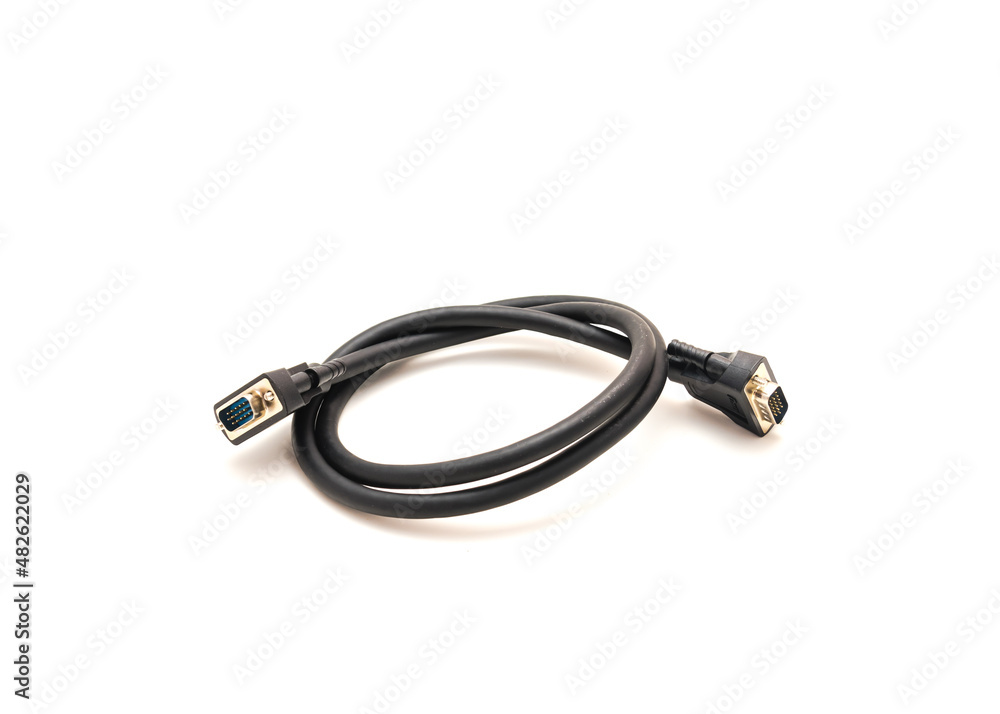 Black VGA cable with nickel plated connectors and copper conductors for video signal transmission isolated on white Black VGA cable with nickel plated connectors and copper conductors for video signal transmission isolated on white
