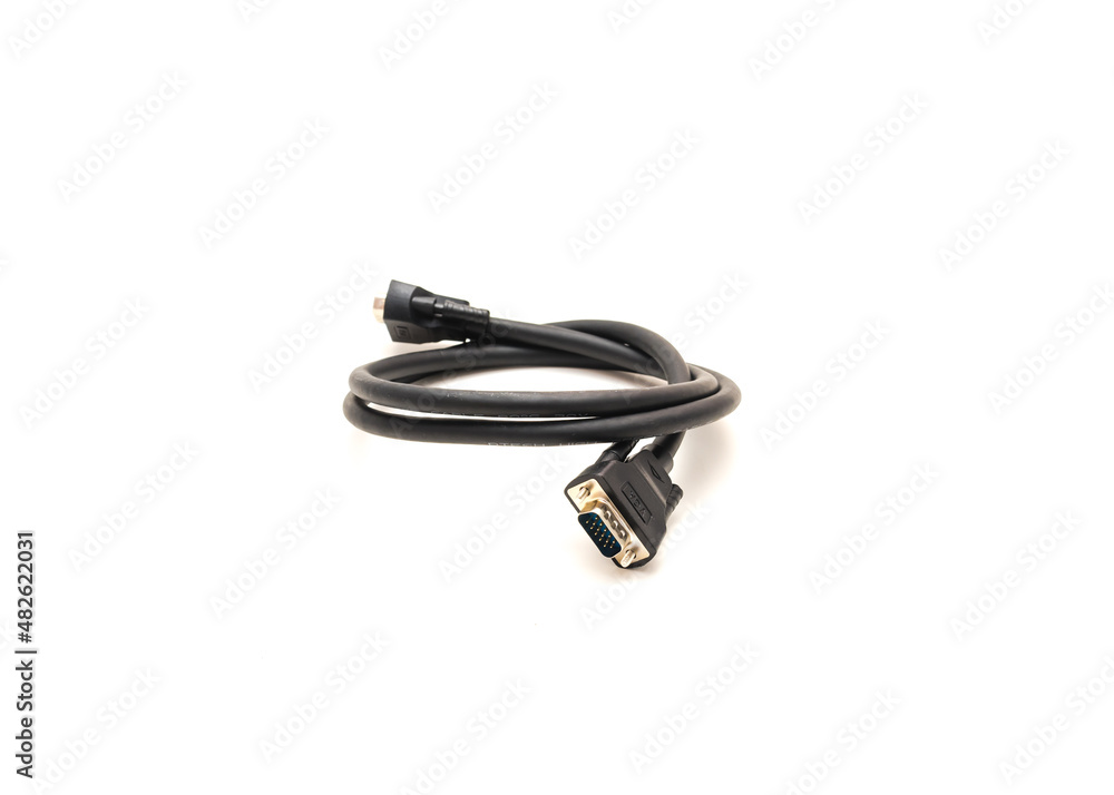 Black VGA cable with nickel plated connectors and copper conductors for video signal transmission isolated on white Black VGA cable with nickel plated connectors and copper conductors for video signal transmission isolated on white