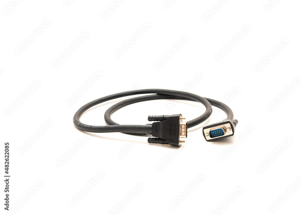 Black VGA cable with nickel plated connectors and copper conductors for video signal transmission isolated on white Black VGA cable with nickel plated connectors and copper conductors for video signal transmission isolated on white