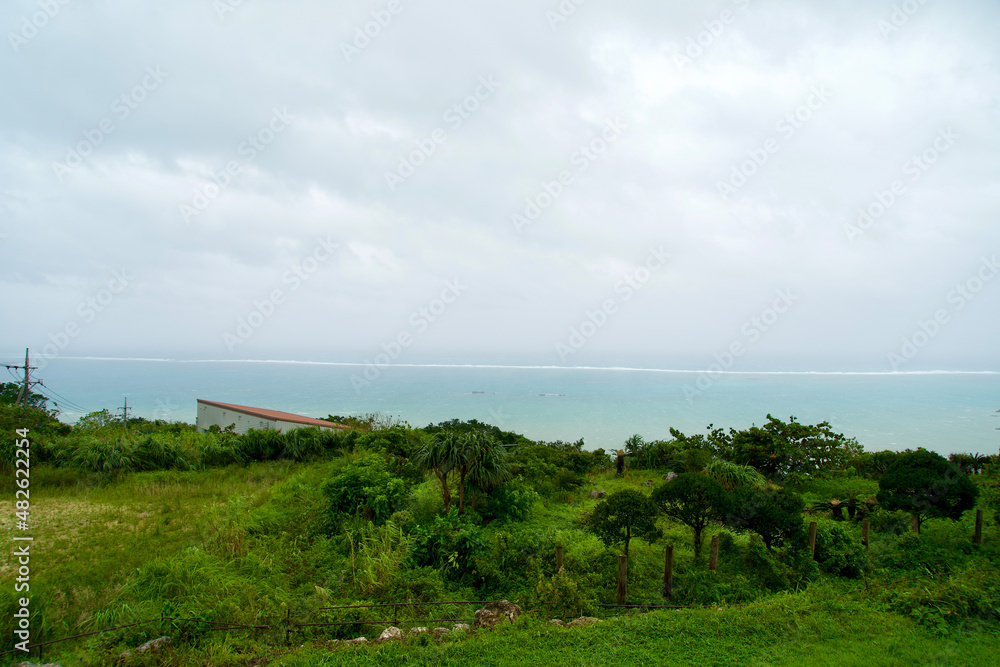 The ocean view from the hill during the typhoon is coming. The ocean view from the hill during the typhoon is coming.