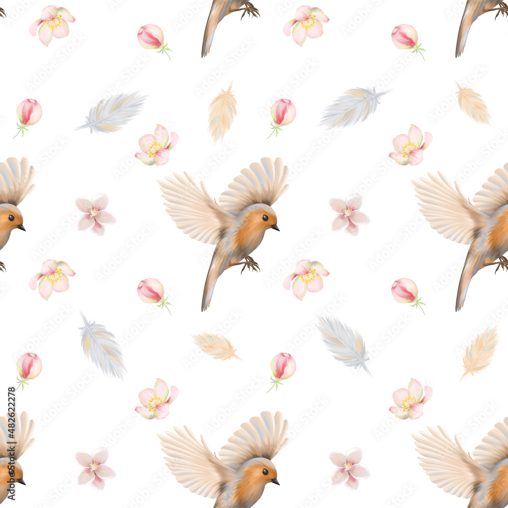 Seamless pattern of flying birds, feathers and apple tree flowers, hand drawn illustration on white background