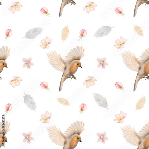 Seamless pattern of flying birds, feathers and apple tree flowers, hand drawn illustration on white background