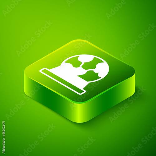 Isometric Magic ball icon isolated on green background. Crystal ball. Green square button. Vector