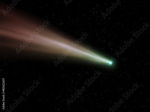 Bright comet in the night sky. Observation of celestial bodies. Astronomical photography of a comet's tail against a background of stars. 