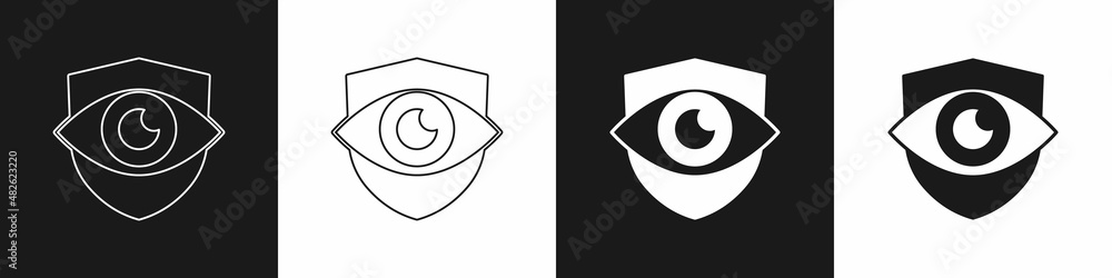 Set Shield and eye icon isolated on black and white background. Security, safety, protection, privacy concept. Vector Set Shield and eye icon isolated on black and white background. Security, safety, protection, privacy concept. Vector