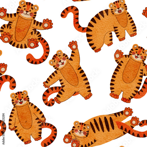 Seamless pattern with cute tiger, muzzles tiger cub with brown stripes, symbol of new 2022 year