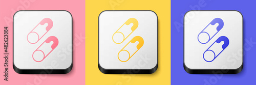 Isometric Classic closed steel safety pin icon isolated on pink, yellow and blue background. Square button. Vector