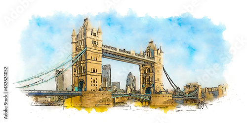 Canvas Print London Tower Bridge across the River Thames, watercolor sketch illustration