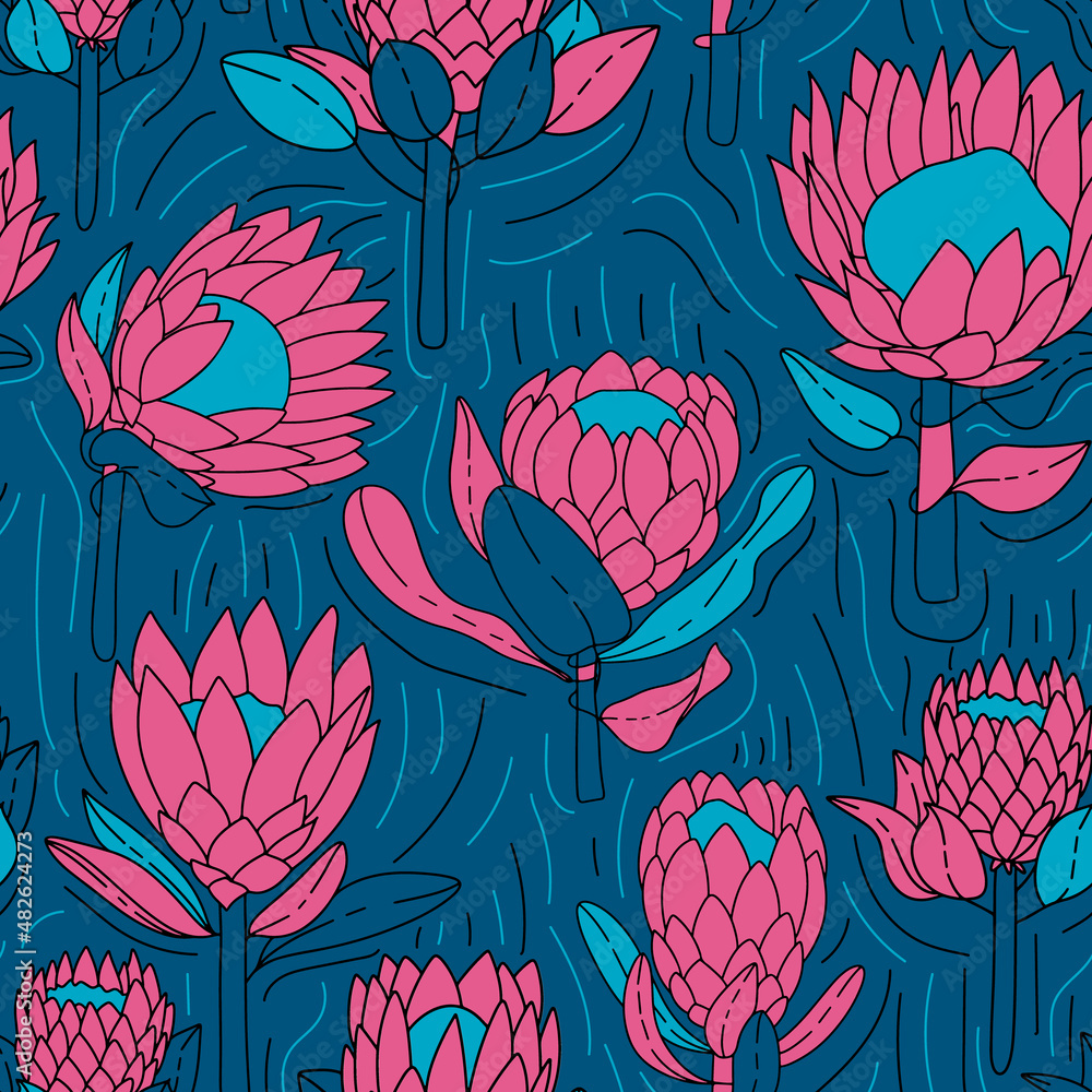 Abstract seamless pattern with protea. Hand drawn various shapes and doodle objects. Contemporary modern trendy vector illustrations. Abstract seamless pattern with protea. Hand drawn various shapes and doodle objects. Contemporary modern trendy vector illustrations.