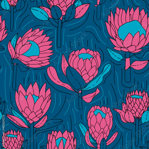 Abstract seamless pattern with protea. Hand drawn various shapes and doodle objects. Contemporary modern trendy vector illustrations.