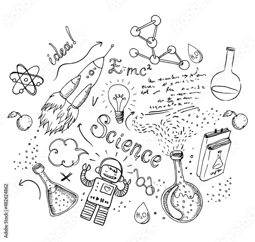 Back to School: science lab objects doodle vintage style sketches seamless pattern, vector illustration.