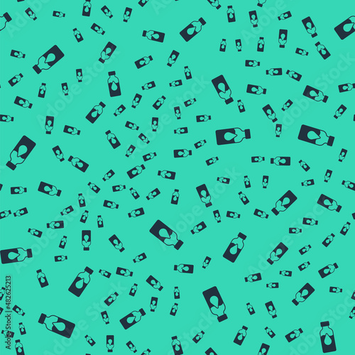 Black Oil petrol test tube icon isolated seamless pattern on green background. Cmemistry flask and falling drop. Vector