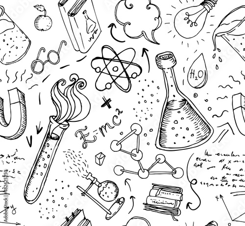 Back to School: science lab objects doodle vintage style sketches seamless pattern, vector illustration.