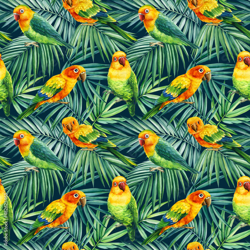 Tropical flowers  leaves and lovebirds. Seamless pattern. watercolor illustration
