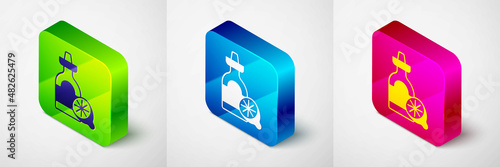 Isometric Tequila bottle with lemon icon isolated on grey background. Mexican alcohol drink. Square button. Vector