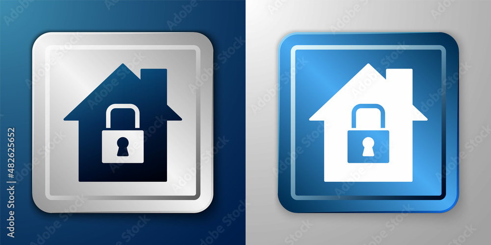 White House under protection icon isolated on blue and grey background. Home and lock. Protection, safety, security, protect, defense concept. Silver and blue square button. Vector White House under protection icon isolated on blue and grey background. Home and lock. Protection, safety, security, protect, defense concept. Silver and blue square button. Vector