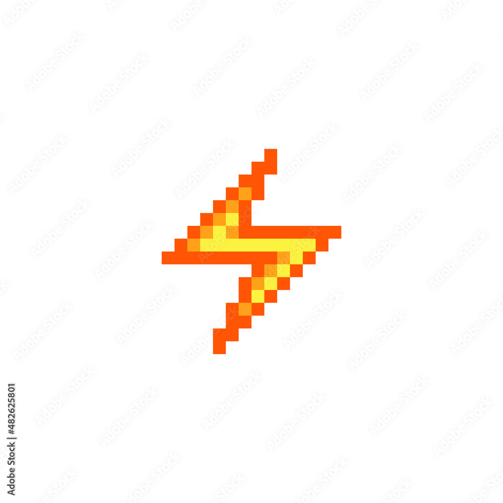 Electricity icon. Flash lightning. High voltage logo. High Voltage Sign. Charging icon. Pixel art style design. 8-bit sprites. Isolated vector illustration.
