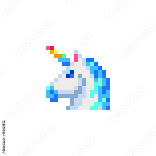 Fairytale unicorn head embroidery  horse pixel art icon. Design for mosaic  mobile app  web  logo. Isolated vector illustration on white background. Game assets 8-bit sprite.