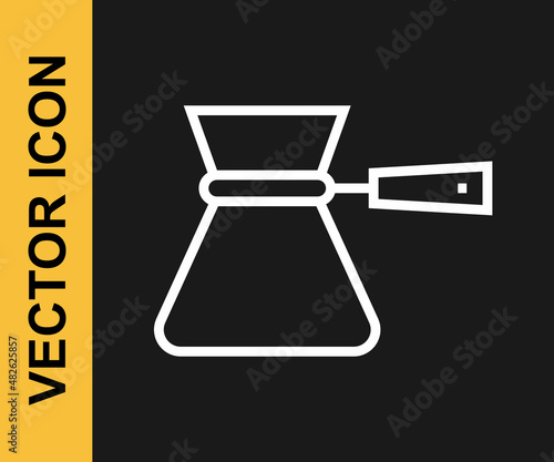 White line Coffee turk icon isolated on black background. Coffee cezve. Vector