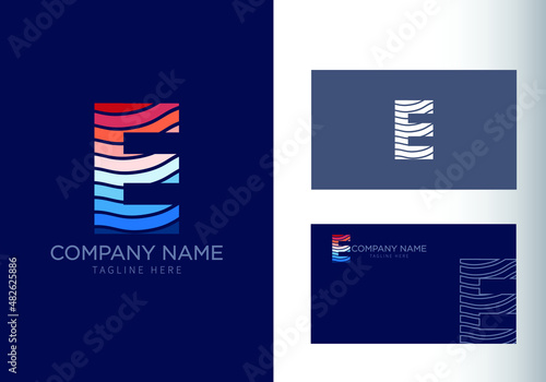 E letter with ocean waves and sunset beach vibes. Font style, vector design template elements for your travel, tour, vacation, and summer party corporate identity.