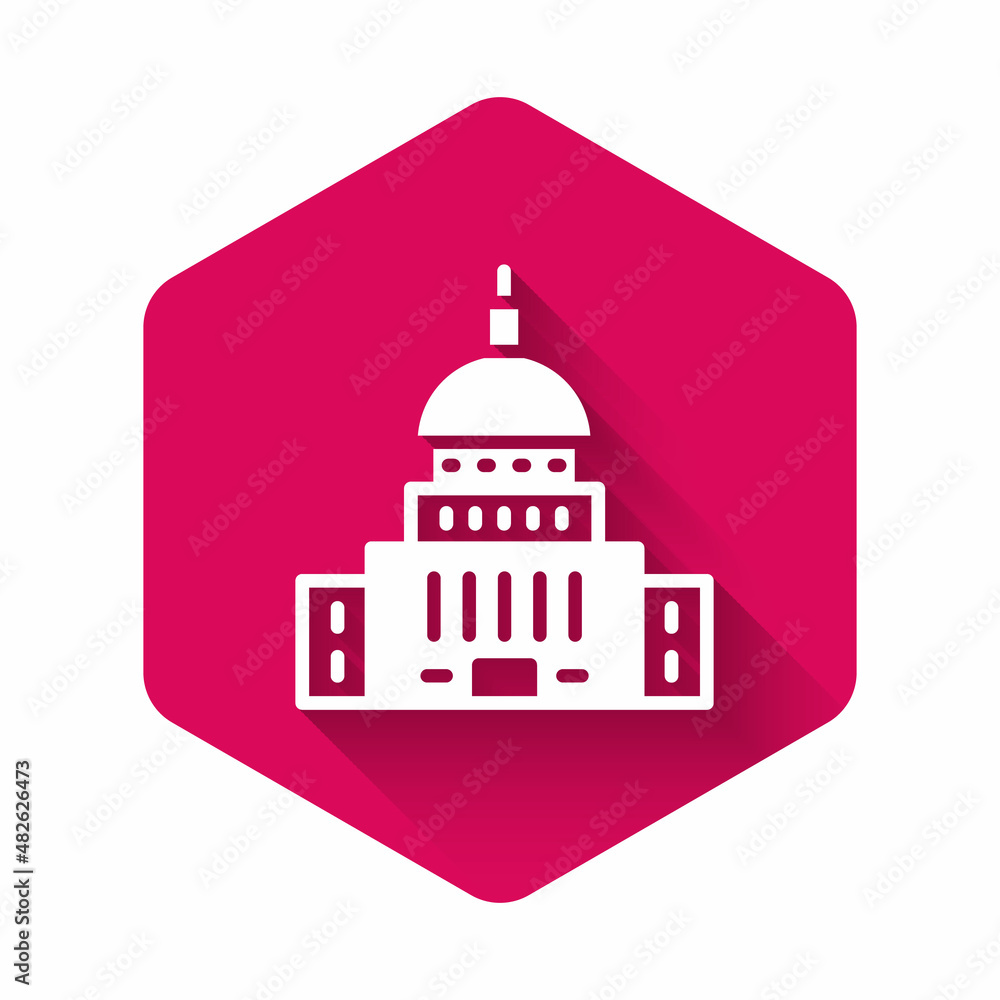 White White House icon isolated with long shadow background. Washington DC. Pink hexagon button. Vector White White House icon isolated with long shadow background. Washington DC. Pink hexagon button. Vector