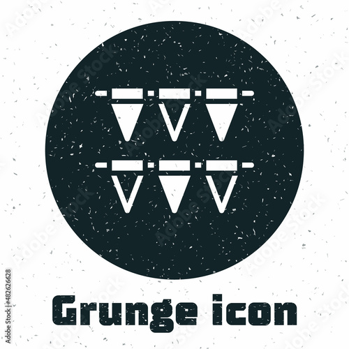Grunge Carnival garland with flags icon isolated on white background. Party pennants for birthday celebration, festival decoration. Monochrome vintage drawing. Vector