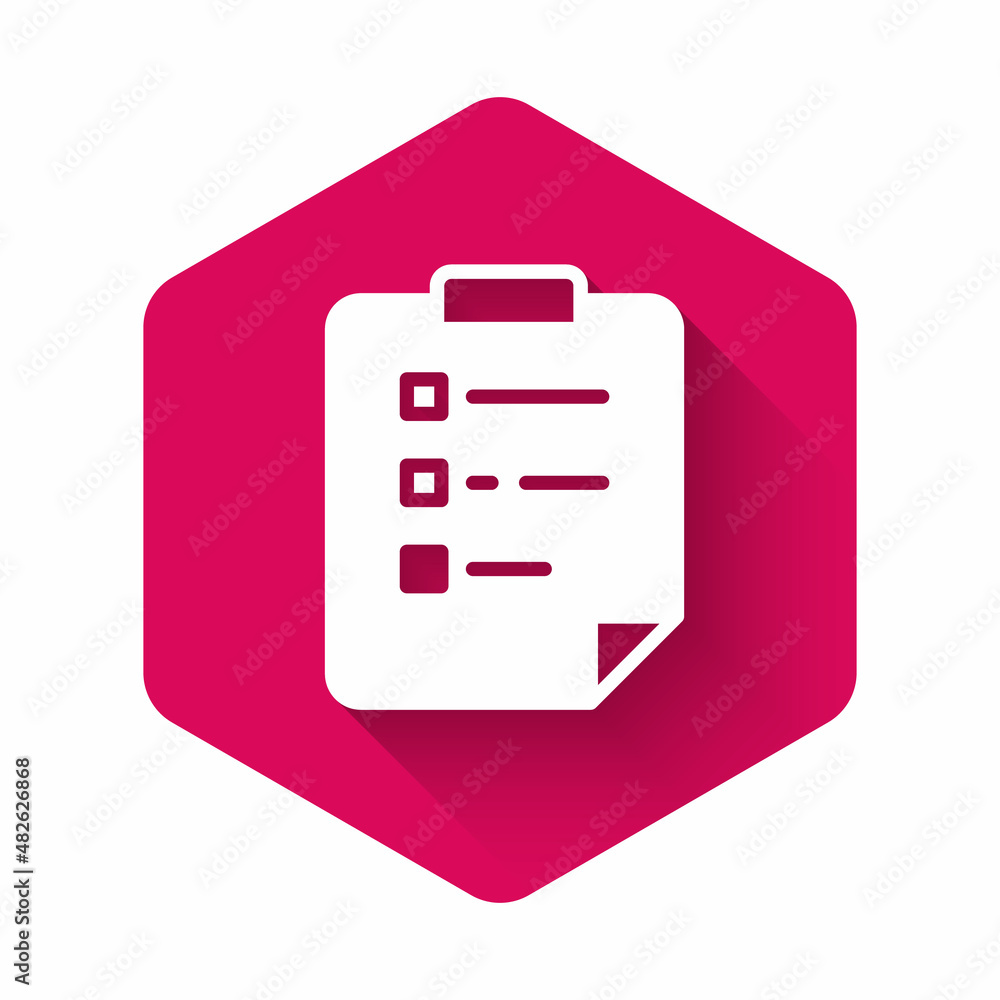 White Clipboard with checklist icon isolated with long shadow background. Control list symbol. Survey poll or questionnaire feedback form. Pink hexagon button. Vector White Clipboard with checklist icon isolated with long shadow background. Control list symbol. Survey poll or questionnaire feedback form. Pink hexagon button. Vector
