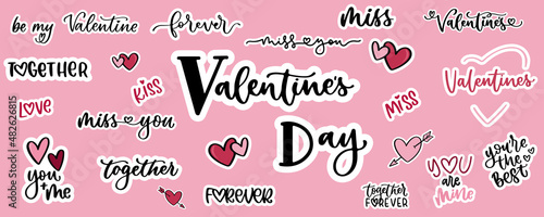 Love sticker. Valentines day sticker pack. Romantic text in doodle. Hand drawn love message in speech bubble. Stock vector illustration