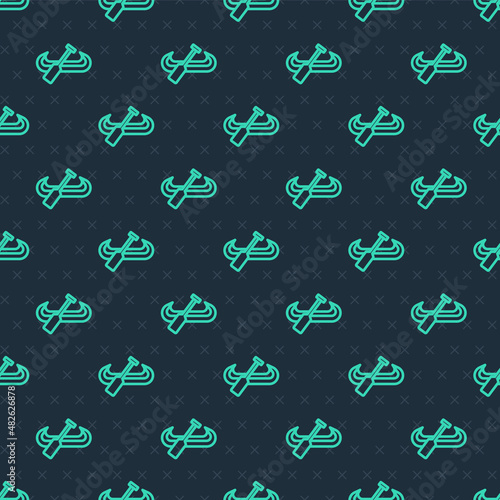 Green line Kayak and paddle icon isolated seamless pattern on blue background. Kayak and canoe for fishing and tourism. Outdoor activities. Vector