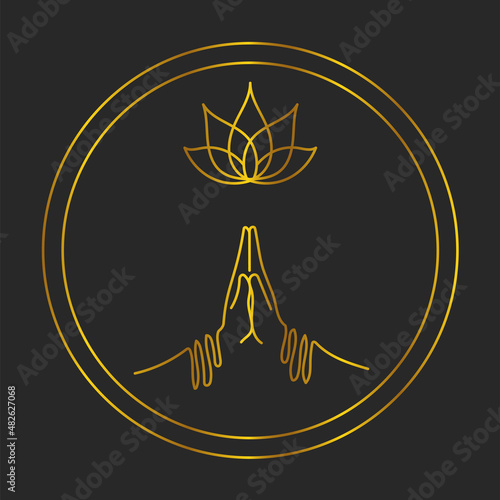 namaste sigh with lotus in round border, minimalistic golden illustration