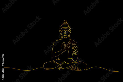 Fototapete Elegant golden line art illustration of meditating buddha