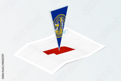 Isometric paper map of Nebraska with triangular flag of Nebraska in isometric style. Map on topographic background.