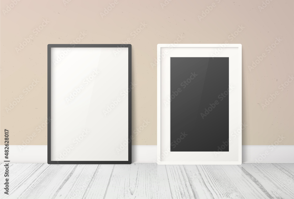 Vertical frame for poster or picture blank mockup template on wall minimalistic interior. Editable vector render. Black and white vertical frame for photography presentation modern art Vertical frame for poster or picture blank mockup template on wall minimalistic interior. Editable vector render. Black and white vertical frame for photography presentation modern art