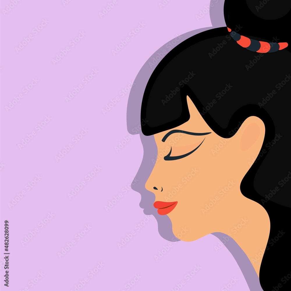 Portrait of a cute girl in profile. Nice, sincere female face on a pink background. Isolated vector with brunette closeup. For advertising cosmetics, perfumes. Flyer banner poster postcard. Flat style Portrait of a cute girl in profile. Nice, sincere female face on a pink background. Isolated vector with brunette closeup. For advertising cosmetics, perfumes. Flyer banner poster postcard. Flat style