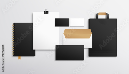 Vector business stationery Brand identity Mockup set of blank , shopping bag, business card and envelope. Black branding stationery items