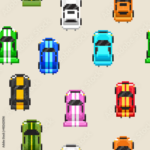 Pixel Racing Cars in 8-bit retro game style - vector seamless pattern. Endless background