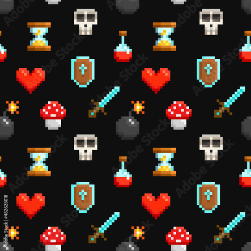 Pixel graphics game icons and objects - vector seamless pattern. Potion, sword coin and heart. Retro Game loot set of shield, sword, potion bottle, heart, skull, hourglass
