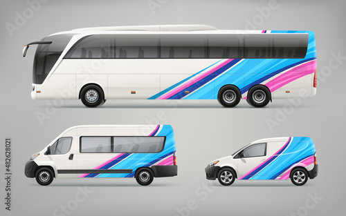 Side view Coach Bus, Passenger Van and Delivery Car realistic mockup with abstract graphics - vector template. Business passenger transport with corporate blue and pink graphics of stripes