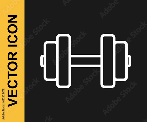 White line Dumbbell icon isolated on black background. Muscle lifting, fitness barbell, sports equipment. Vector