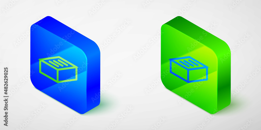 Isometric line Brick icon isolated on grey background. Blue and green square button. Vector Isometric line Brick icon isolated on grey background. Blue and green square button. Vector