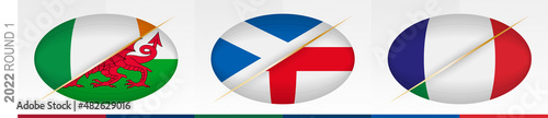 Rugby matches of round one: Ireland versus Wales, Scotland versus England, France versus Italy. Concept for rugby tournament.