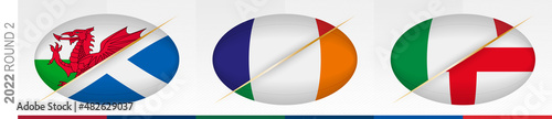 Rugby matches of round two: Wales versus Scotland, France versus Ireland, Italy versus England. Concept for rugby tournament.