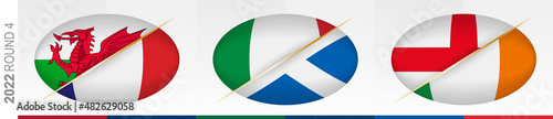 Rugby matches of round four: Wales versus France, Italy versus Scotland, England versus Ireland. Concept for rugby tournament.
