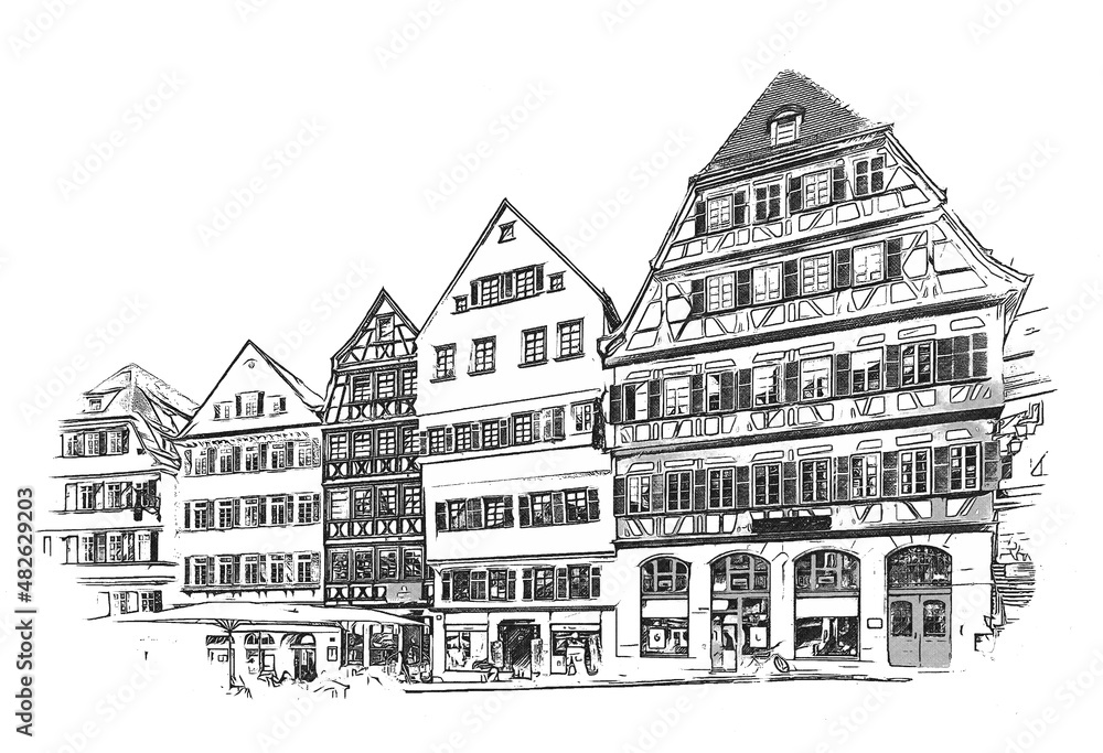 Market Square in Tübingen, Germany, facades of old historic houses, ink sketch illustration, white background.