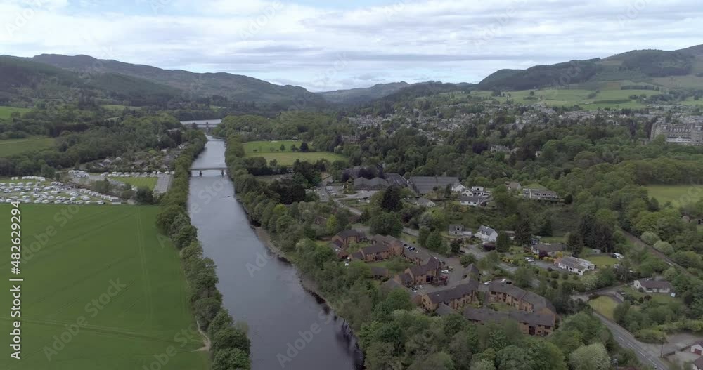 Aerial push in shot over the town of Pitlochry and the River Tay in Scotland Aerial push in shot over the town of Pitlochry and the River Tay in Scotland