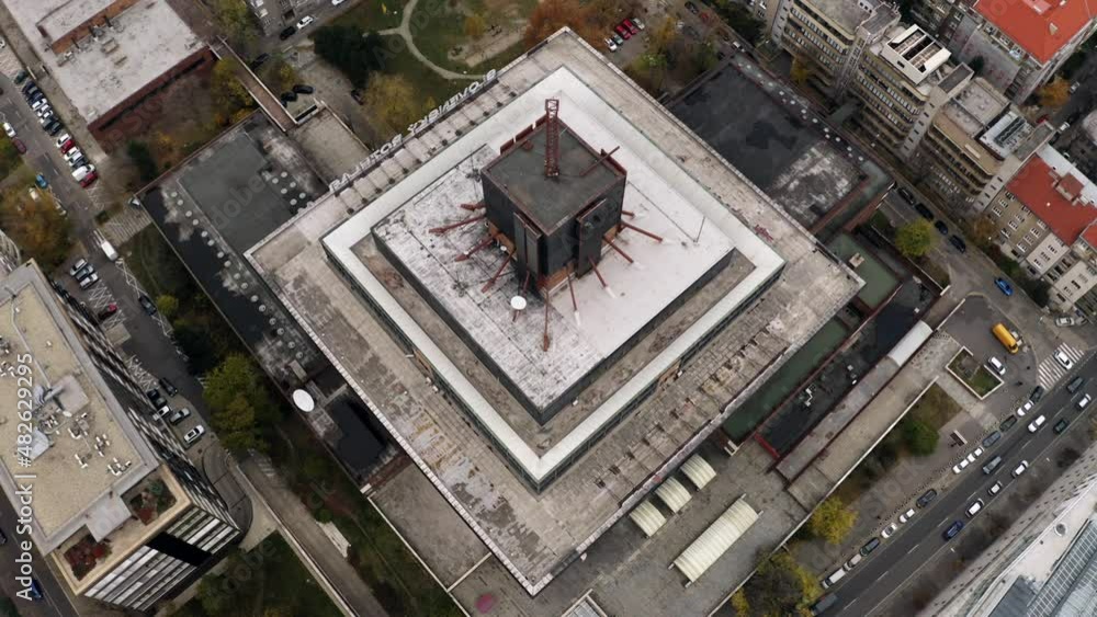 Aerial revealing shot of Slovak Radio inverted pyramid building in Bratislava on overcast day Aerial revealing shot of Slovak Radio inverted pyramid building in Bratislava on overcast day