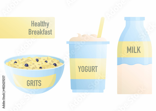 Healthy breakfast, oatmeal, yogurt and milk. Isolated on white background